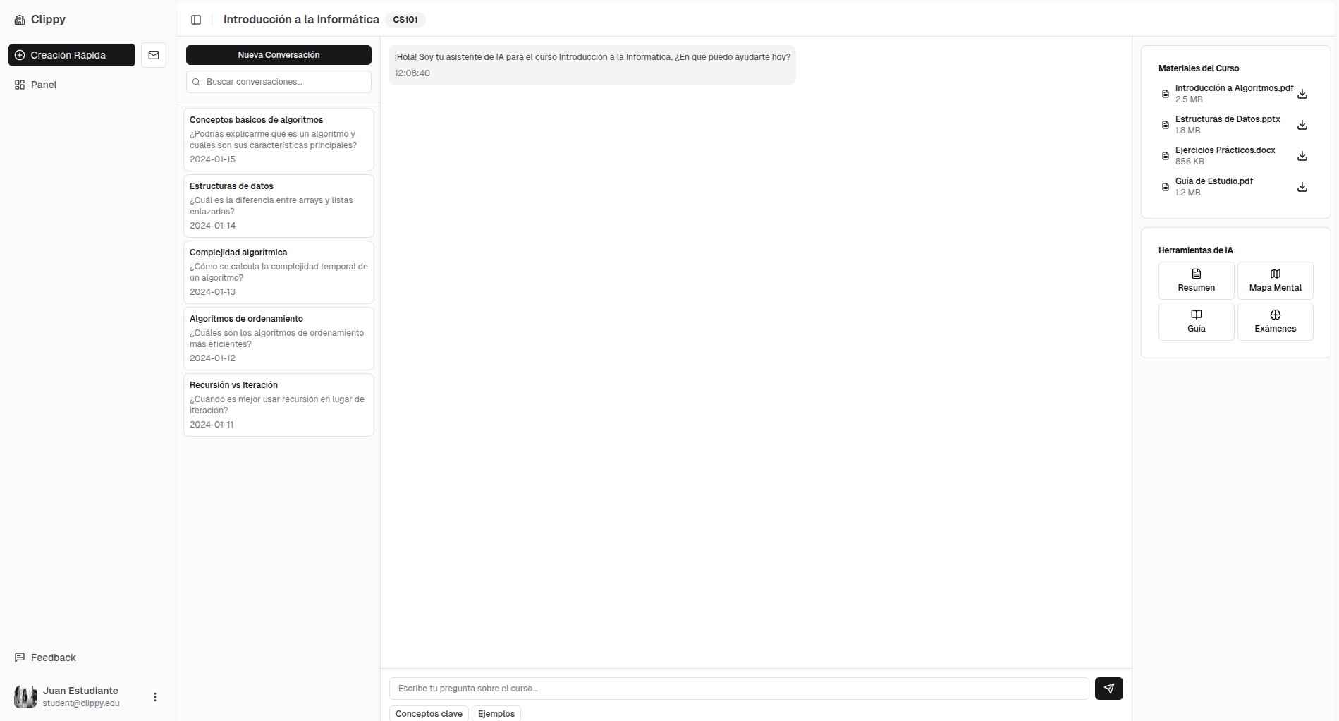 Student dashboard showing conversational AI interface with chat history, course materials, and AI-powered learning tools for Introducción a la Informática